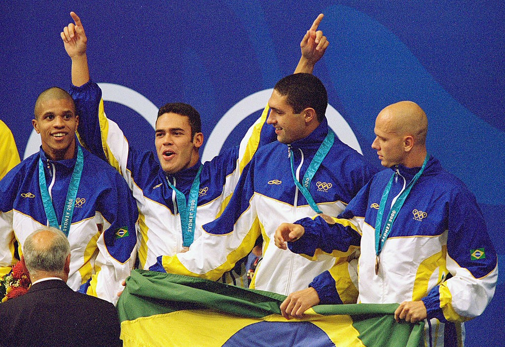 Edvaldo Valério, Carlos Jayme, Gustavo Borges e Fernando Scherer, bronze no 4x100 em Sydney 2000 - Donald Miralle /Allsport