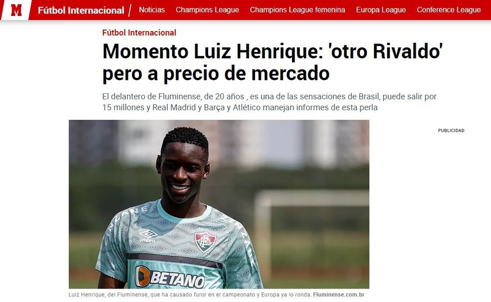 Luiz Henrique, do Fluminense, foi destaque no jornal espanhol "Marca" - Reprodução / Marca