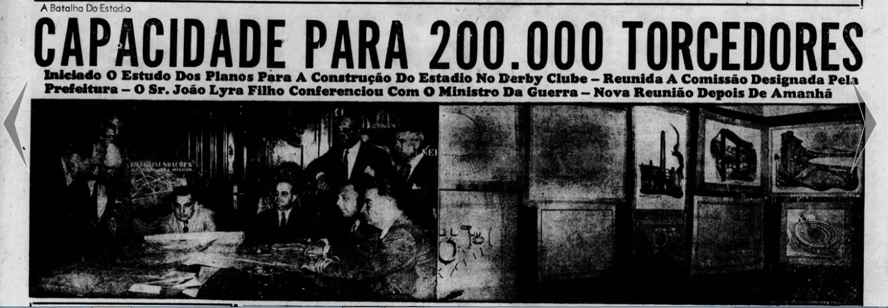 Capa do Jornal dos Sports de 1947 mostra Mário Filho reunido com a comissão escolhida para discutir os planos do novo estádio - Arquivo