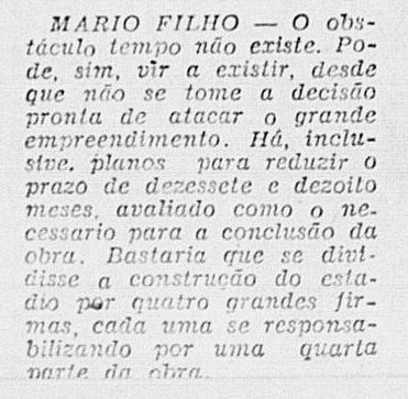 Trecho do jornal O Globo Sportivo em que Mário Filho defende a aceleração das obras do Maracanã - Arquivo