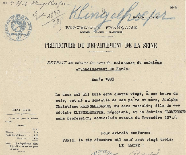 Certidão de nascimento de Adolphe Klingelhoefer - Reprodução