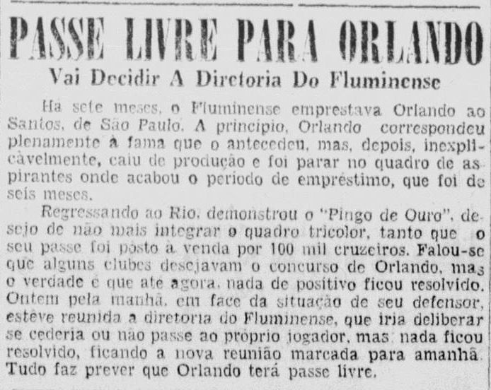 Os últimos momentos de Orlando no Fluminense no Jornal dos Sports do dia 07/02/1954 - Reprodução