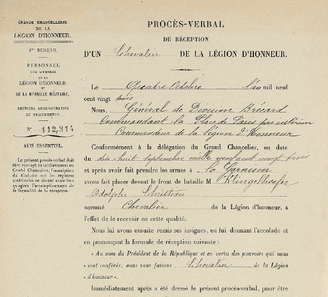 Documento da concessão da Legião da Honra a Adolphe  - Reprodução