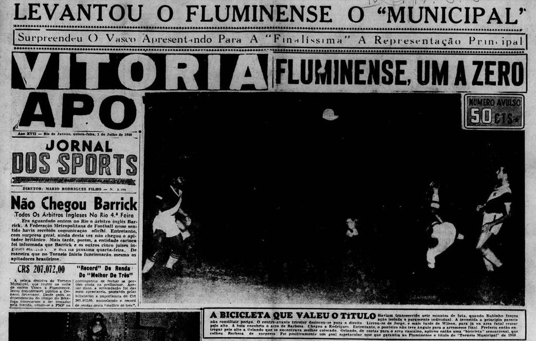 Com gol de bicicleta de Orlando Pingo de Ouro na capa do Jornal dos Sports do dia 01/7/1948 - Arquivo 