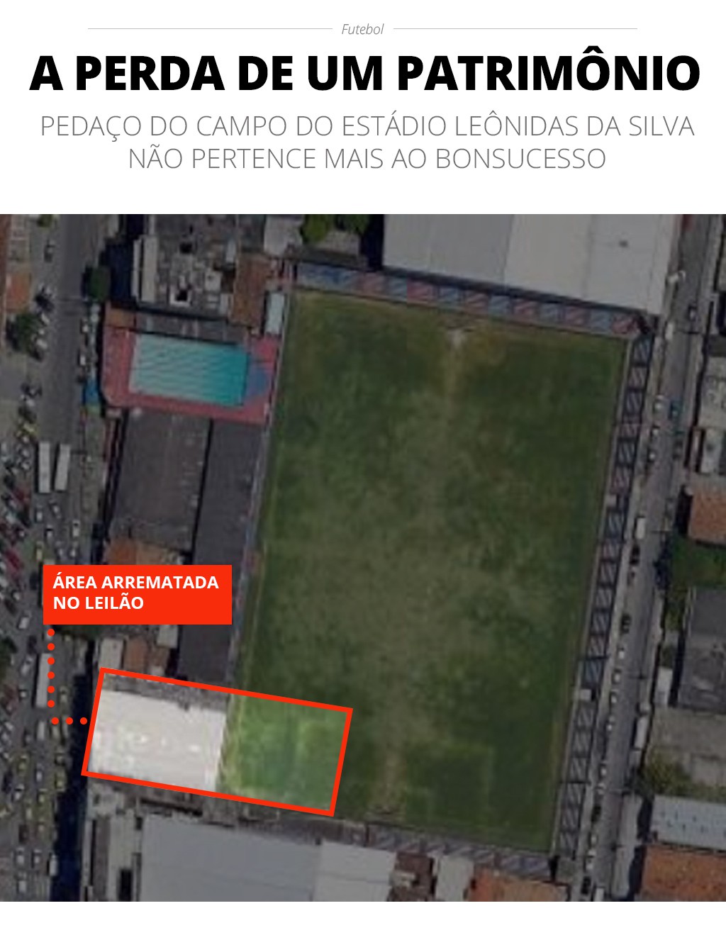 Imagem aérea do Estádio Leônidas da Silva, com destaque ao pedaço arrematado em leilão - Infoesporte