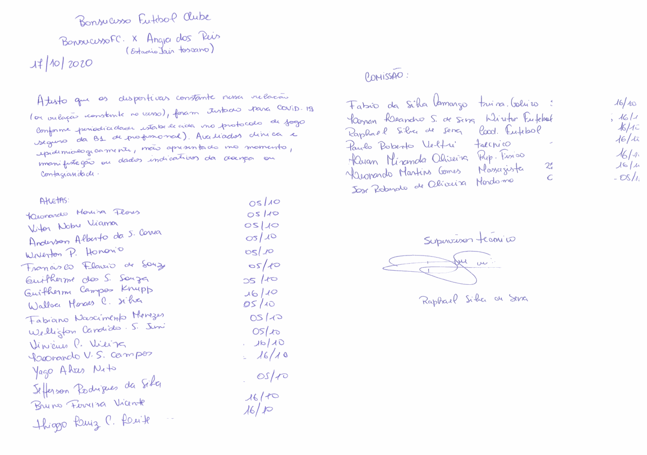 Atestado epidemiológico escrito a mão apresentado pelo Bonsucesso na partida contra o Angra dos Reis - Reprodução