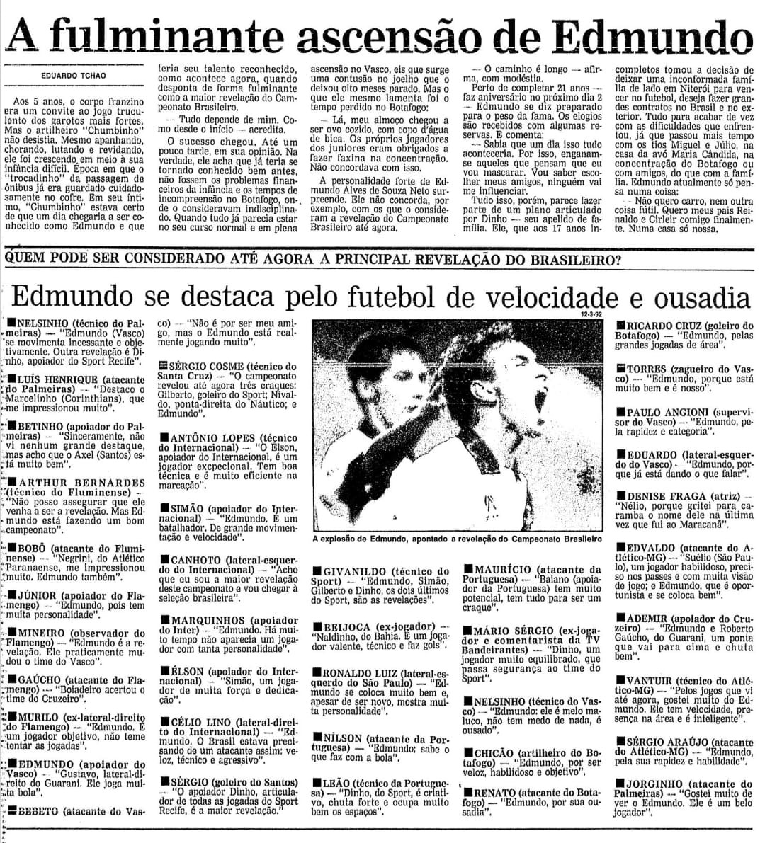 Edmundo em destaque no jornal O Globo de 1992 - reprodução/O Globo
