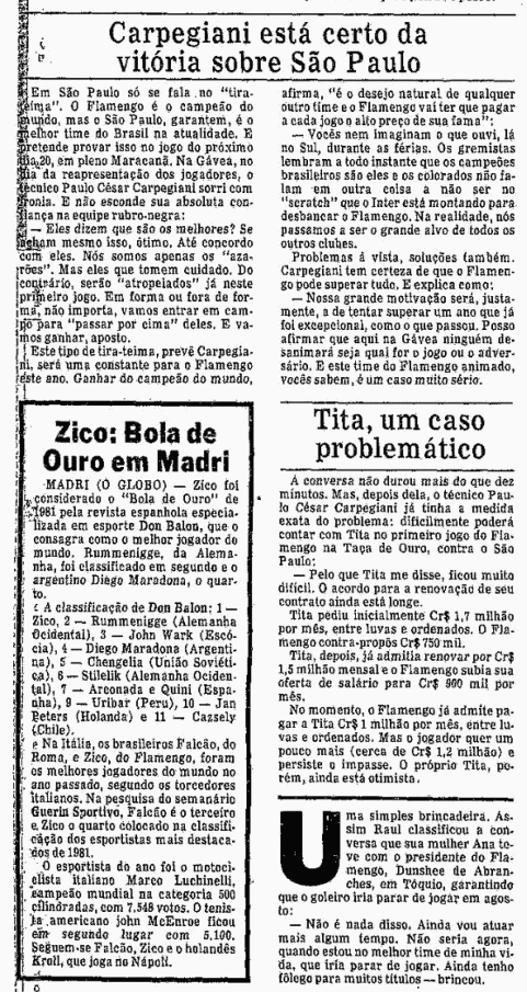 Carpegiani tinha a certeza da vitória do Fla, e Zico era eleito o melhor do mundo por revista espanhola; renovação de Tita era problema - "Acervo O Globo"