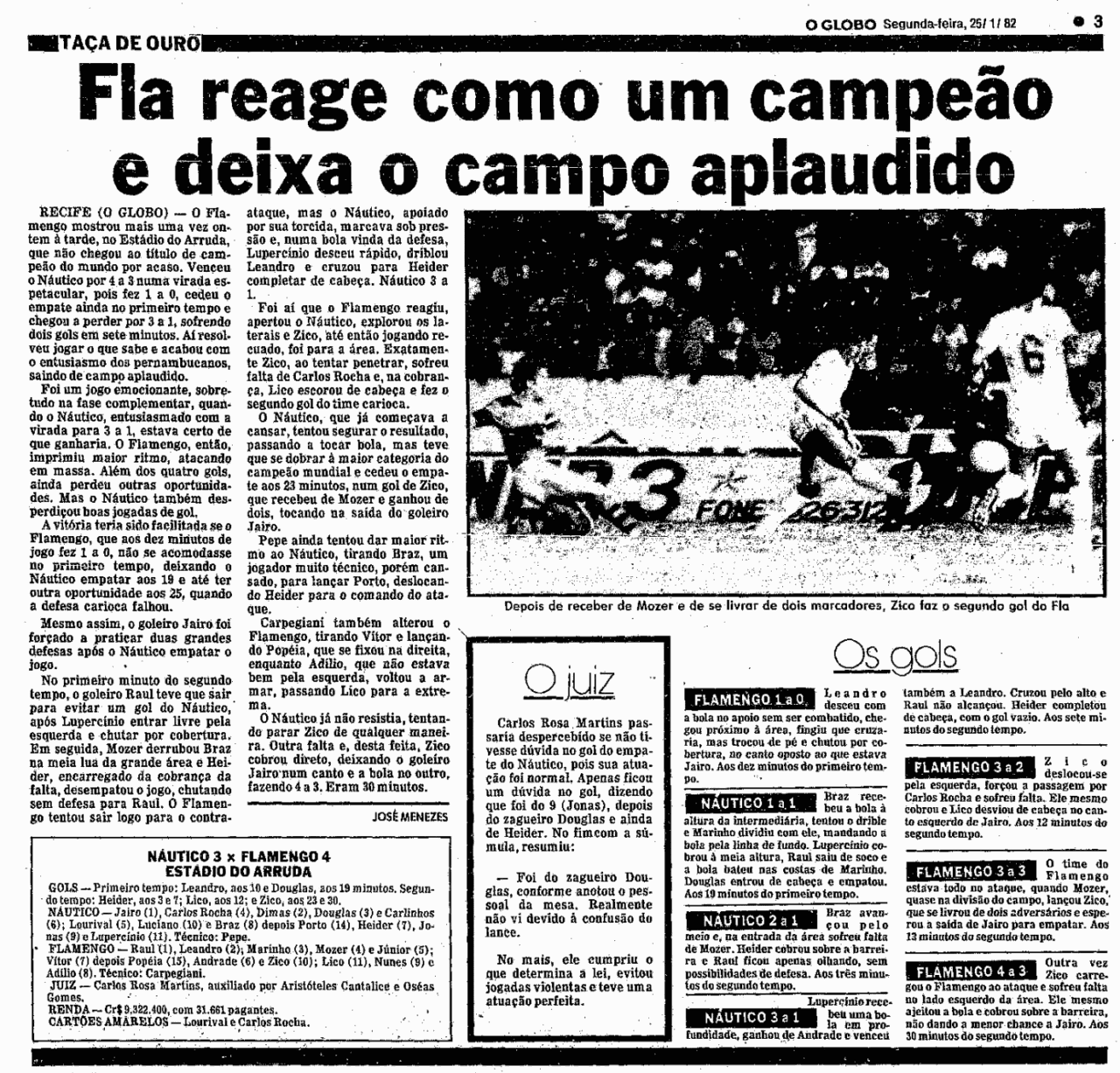 Flamengo conseguiu grande virada contra o Náutico quatro dias depois do jogo com o São Paulo - Acervo "O Globo"
