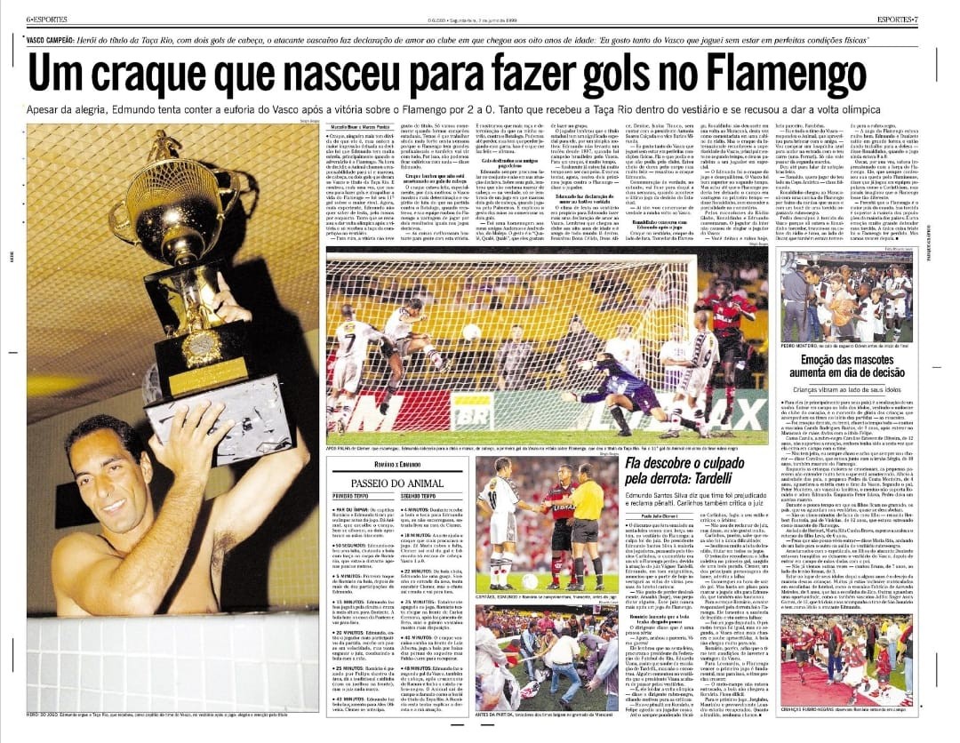 Edmundo comemora a vitória sobre o Flamengo na final da Taça Rio, em 1999 - reprodução/O Globo