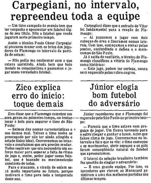 Ao "O Globo" de 21/01/82, Zico deu sua versão sobre o jogo; Carpegiani revela papo no intervalo - Acervo "O Globo"