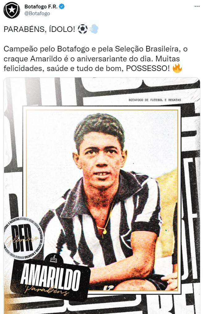 Botafogo homenageou Amarildo com uma postagem nas redes sociais - Reprodução