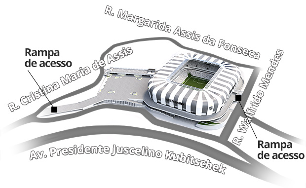 Imagem em 3D mostra as ruas do entorno da Arena MRV, destacando as rampas de acesso.
