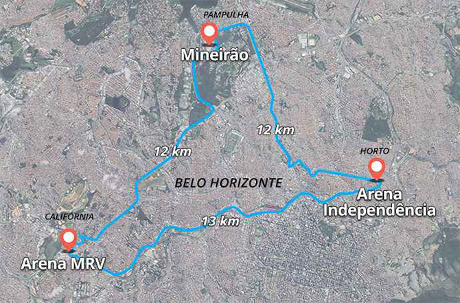 Imagem de satélite mostra a cidade de Belo Horizonte. Nela estão marcados os três grandes estádios da cidade e as distâncias entre eles, que é de cerca de 12km.