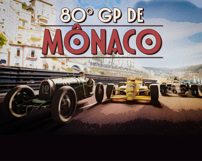 Imagem de abertura mostra uma ilustração de três carros de três épocas diferentes. Um verde, um amarelo e um cinza. No topo da imagem está escrito 80º GP de Mônaco.