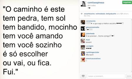 Mensagem enigmática de Camila Espinosa no Instagram