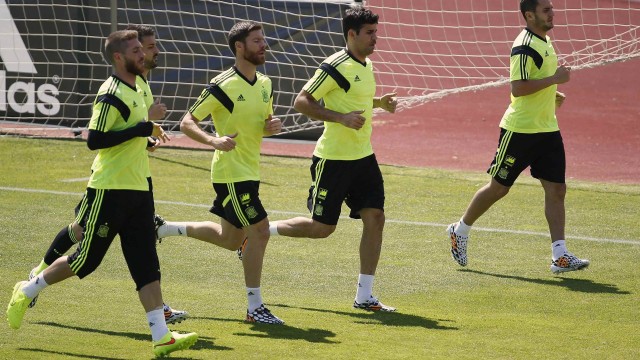 Spanish national soccer players run during a training session at Valdebebas playground near Madrid
