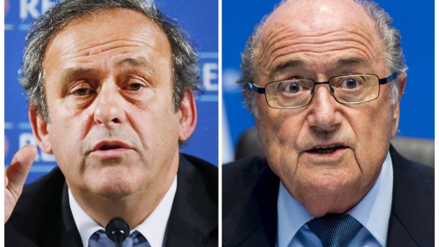 Michel Platini (E) estaria envolvido na corrupção da votação para a escolha do Qatar como sede da Copa 2022. Fifa, comandada pelo presidente Joseph Blatter (D), abriu inquérito sobre o caso de corrupção na eleição