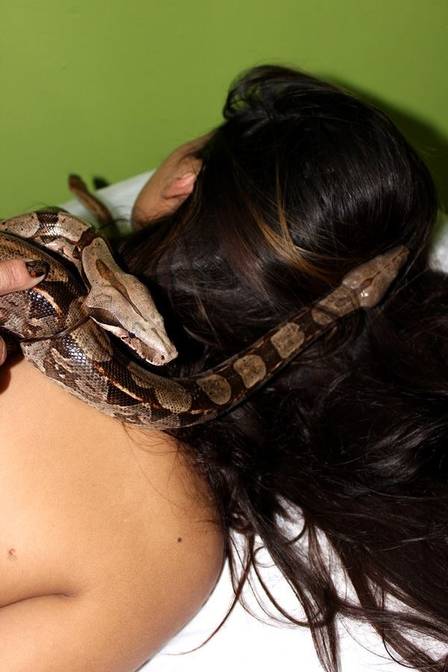A massagem com cobras pode ser até mais relaxante que as feitas com as mãos, garante Sarah