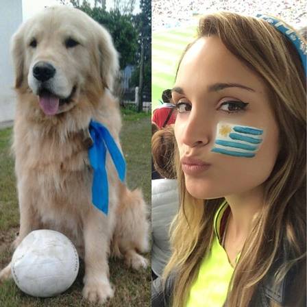 Mulher de Muslera publica foto do montagem com o cachorro do casal pronto para torcer pelo Uruguai