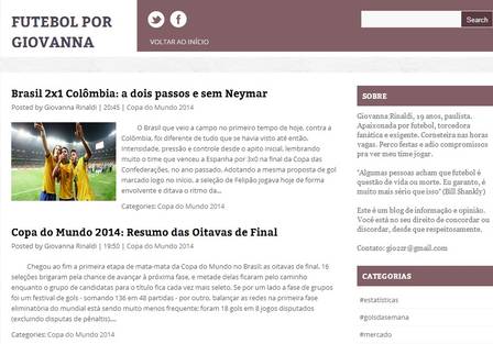 O último post do blog de Giovanna até ontem à noite foi a vitória do Brasil sobre a Colômbia por 2 a 1