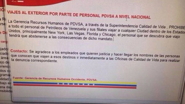 Comunicado da PDVSA informa que funcionários estão proibidos de viajar para os Estados Unidos