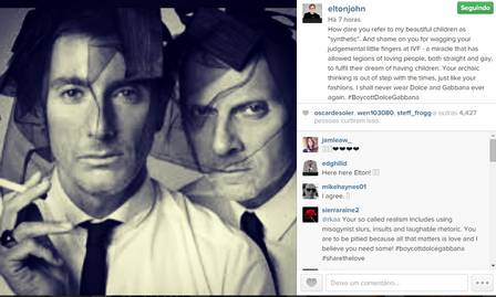 Elton John usou seu Instagram para demonstrar repúdio à opinião de Dolce & Gabbana