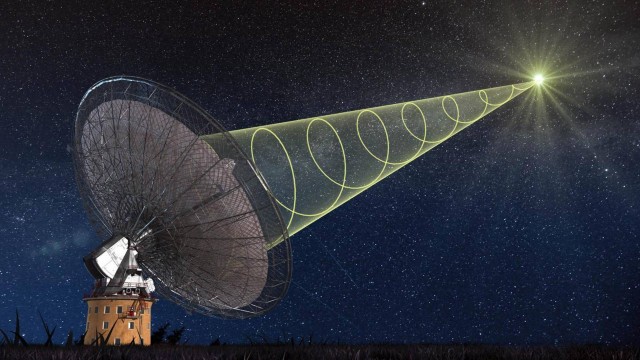 Ilustração do radiotelescópio Parkes recebendo um sinal de rádio