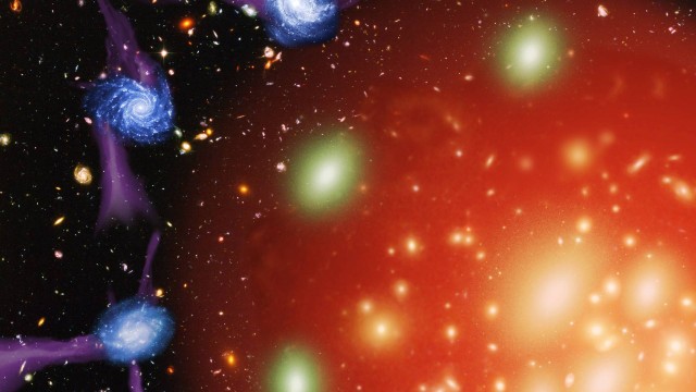 Ilustração mostra um dos processos que podem levar ao “estrangulamento” e morte de galáxias, a entrada em halos de material quente em aglomerados que as impede de formarem novas estrelas