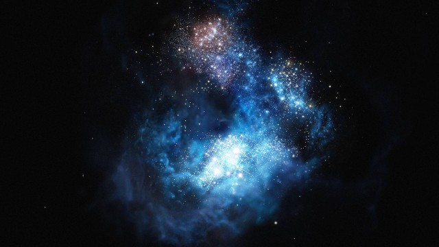 Representação artística da galáxia CR7, que poderia conter as estrelas mais antigas do universo