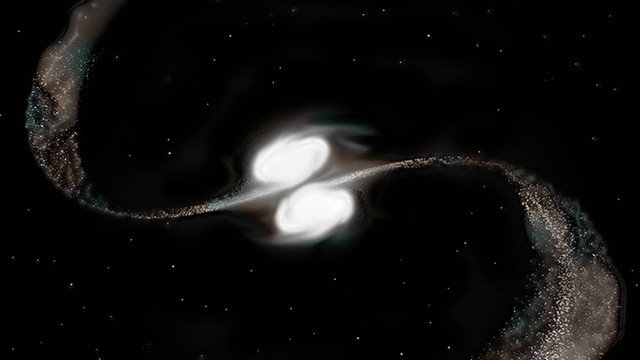 Ilustração mostra duas galáxias em colisão: forças gravitacionais envolvidas no processo de fusão fazem gás dos discos “cair” em direção dos seus buracos negros centrais, alimentando os quasares