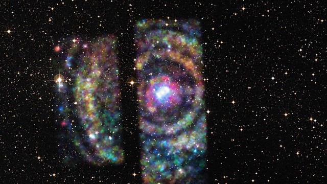 Imagem composta em raio-X e luz visível do sistema Circinus X-1: “anéis” gerados pelos “ecos” dos raios-X emitidos pela estrela de nêutrons forneceram rara oportunidade de determinar com precisão sua distância da Terra