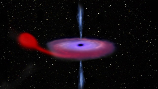 Ilustração mostra um buraco negro consumindo material de uma estrela companheira em um sistema binário, como acontece no V404 Cygni: observações ajudarão a melhor entender como estes objetos se comportam e suas características