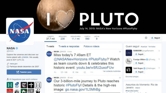 Nasa declara em sua conta no Twitter: ‘Eu amo Plutão’