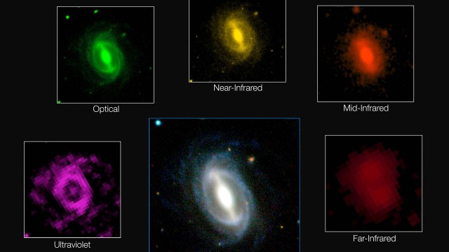 Uma das mais de 200 mil galáxias integrantes do levatamento vista em diversos comprimentos de onda, do ultravioleta ao infravermelho distante: Universo está se ‘apagando’ lentamente