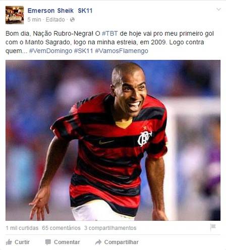 Emerson Sheik relembrou o primeiro gol marcado pelo Flamengo justamente contra o Fluminense e provocou na internet