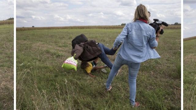 Petra Laszlo foi filmada chutando uma criança refugiada e dando uma rasteira em outro imigrante que tentavam entrar na Hungria a partir da fronteira com a Sérvia