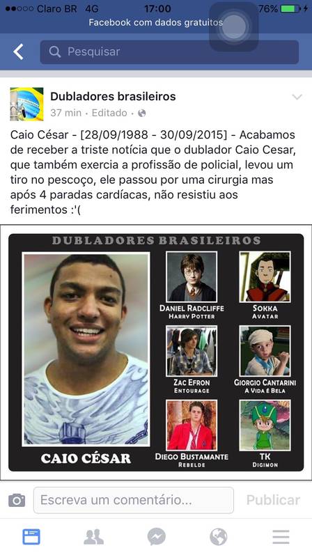 Homenagem feita nas redes sociais para o PM que dublava o personagem Harry Potter no Brasil