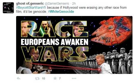 “Boicote ao Star Wars porque, se Hollywood estivesse apagando qualquer outra raça do filme seria genocídio. #GenocídioBranco”, diz o comentário