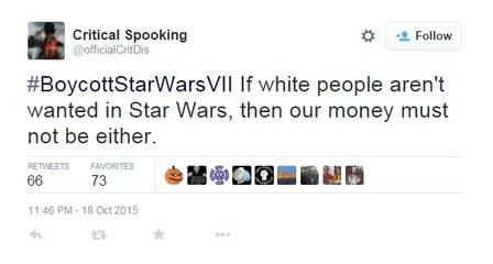“Se não querem homens brancos no Star Wars, então o nosso dinheiro não vão querer também”, diz o internauta