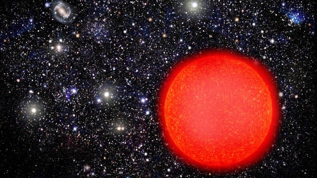 Ilustração de uma estrela gigante vermelha: todos astros com cerca de 0,4 vez a até 8 vezes a massa do Sol deverão passar por esta fase perto do fim de sua vida