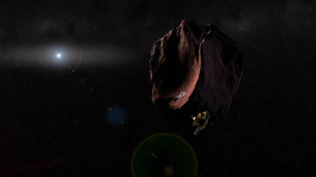 Ilustração mostra a sonda New Horizons junto a um objeto do Cinturão de Kuiper, nos confins do Sistema Solar