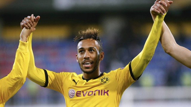 Borussia Dortmund's Aubameyang and his team mates greet spectators after the Europa League group C soccer match against Qabala at the Backcell Arena in Baku