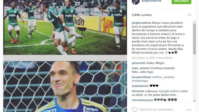 Valdívia comemora classificação do Palmeiras na final da Copa do Brasil nas redes sociais