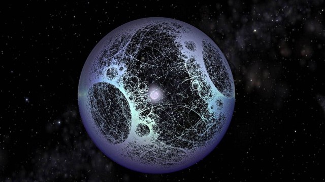 Ilustração de uma Esfera Dyson, hipotética megaestrutura espacial que uma civilização avançada poderia construir para coletar a energia gerada por uma estrela