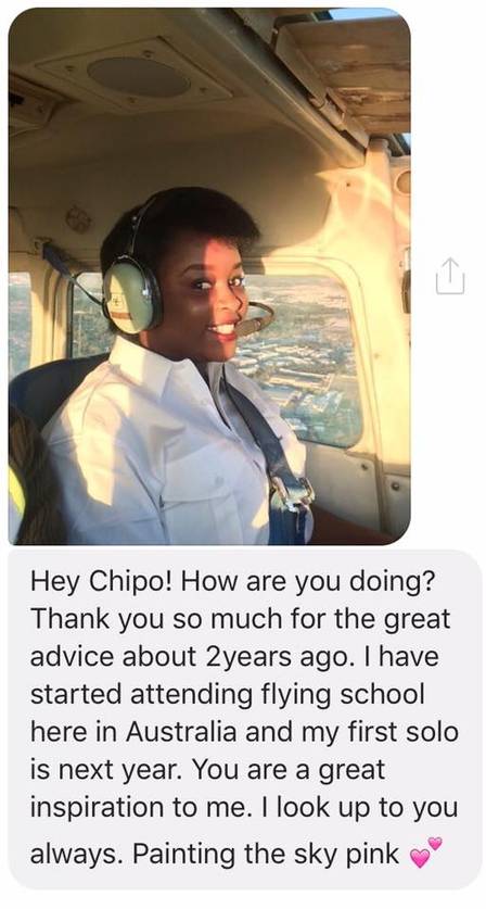 Pilota australiana mandou mensagem a Chipo agradecendo pela inspiração