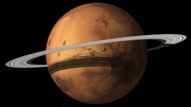 Ilustração mostra Marte com o futuro sistema de anéis que resultará da destruição de sua maior lua, Phobos