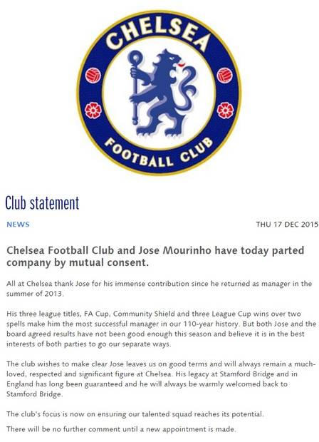 Chelsea anunciou oficialmente a saída de Mourinho