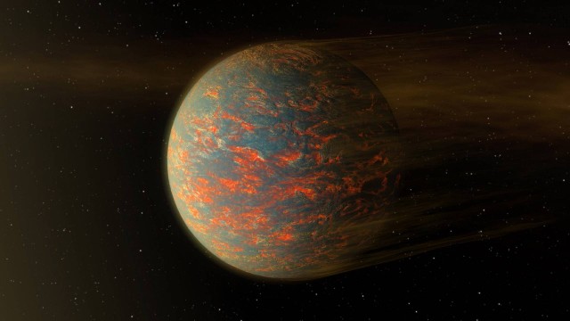 Ilustração do planeta extrassolar 55 Cancri e mostra os fluxos e piscinas de lava na sua superfície que podem explicar as grandes diferenças de temperaturas encontradas entre seus lados de ‘dia’ e ‘noite’