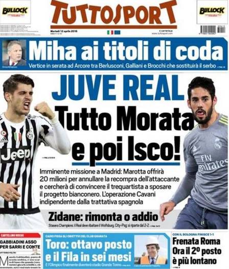 Capa do jornal Tuttosport sobre os desejos do Juventus
